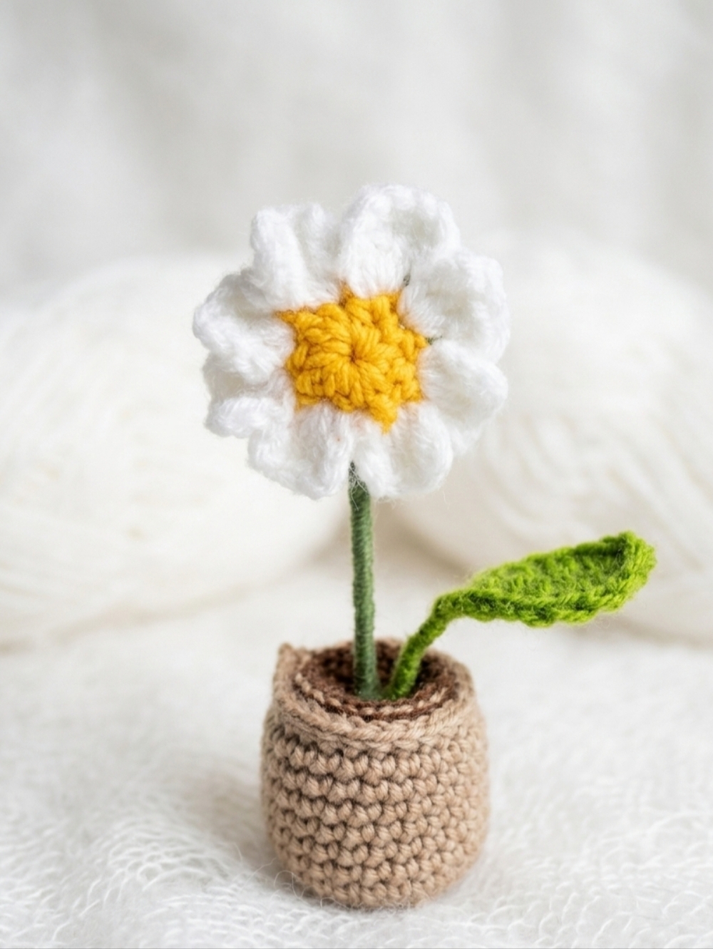 Handmade White & Yellow Crochet Flower in Tan Pot
